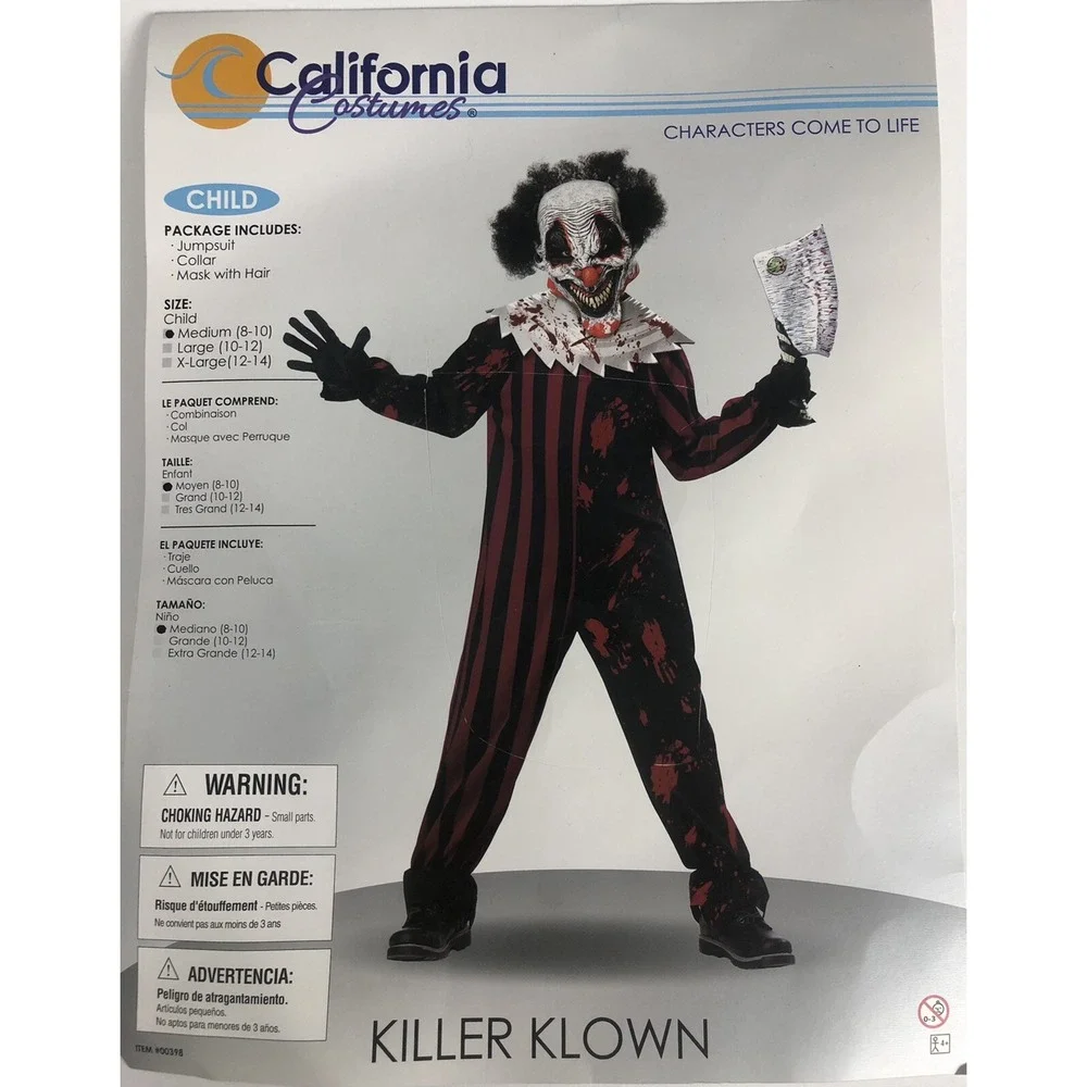 California Costume Killer Klown Child Clown Costume 3 Piece Set Size Medium 8/10